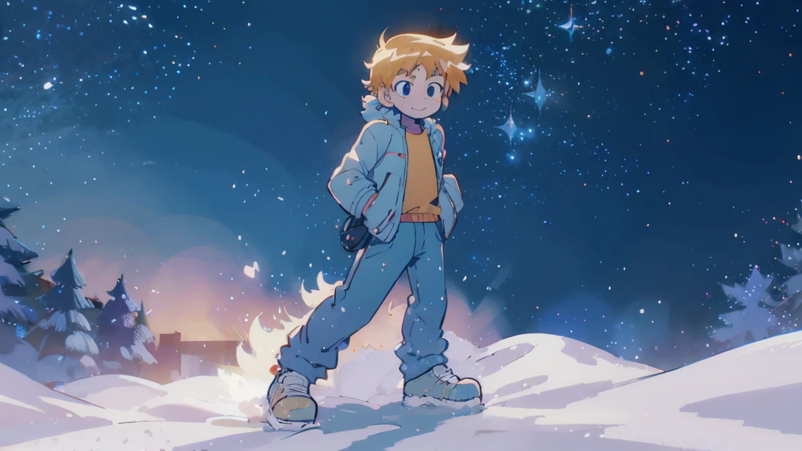 Scott Pilgrim shoots a boy Scott Pilgrim Orange hair shirt jacket thick eyebrows Canada A man standing in the snow looking at the camera smiling full body shot perfect illustration, ultra detali, HDR, swirly vibrant colors, soft lighting official art