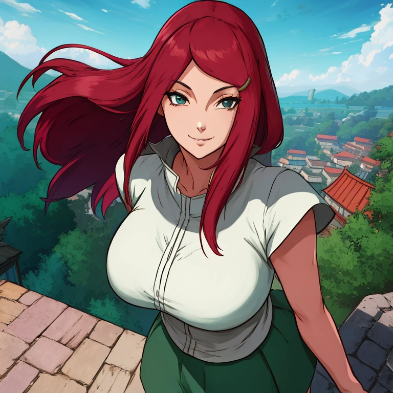 Scroll_Kushina, big deal_breast, permanent, alone, Kushina_green_skirt, masterpiece, best quality, Detailed face, delicate eyes, high resolution, Smile, Ghibli, landscape, background, (masterpiece:1.4, best quality:1.2), (beautiful eyes, pretty face), (high resolution), (Detailed description), Super detailed, looking at the audience, Konohagakure, Scroll_Kushina, Kushina_green_skirt,