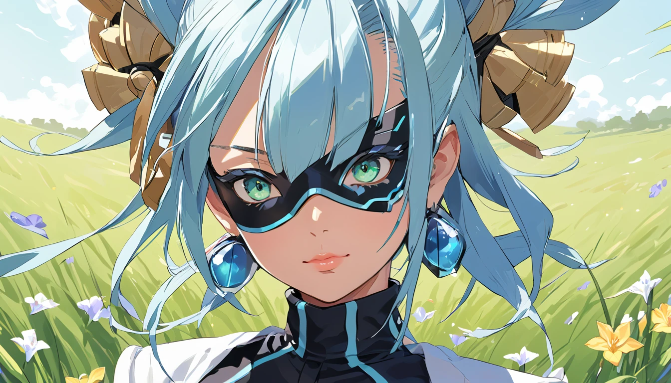 Mikumari \(Xenoblade\)masterpiece, Highest quality, ((1 person)),Blue Hair,Green Eyes,Serious expression, smile,Upper Body,Line art,Medium Hair,White blazer,Black T-shirt,Big Breasts,Bunhead,Black Mask, Expressionless blue eyes,((Kubo Obito Style)) Detailed face, Face Focus, Are standing, Black Hair,(hair ornaments:1.35),office lady, Sleeves edged with ribbon, Removable sleeves, Ribbon trim, Wide sleeves, (View your audience:1.5) Long Hair, iris, bangs, lips,smile,grassland