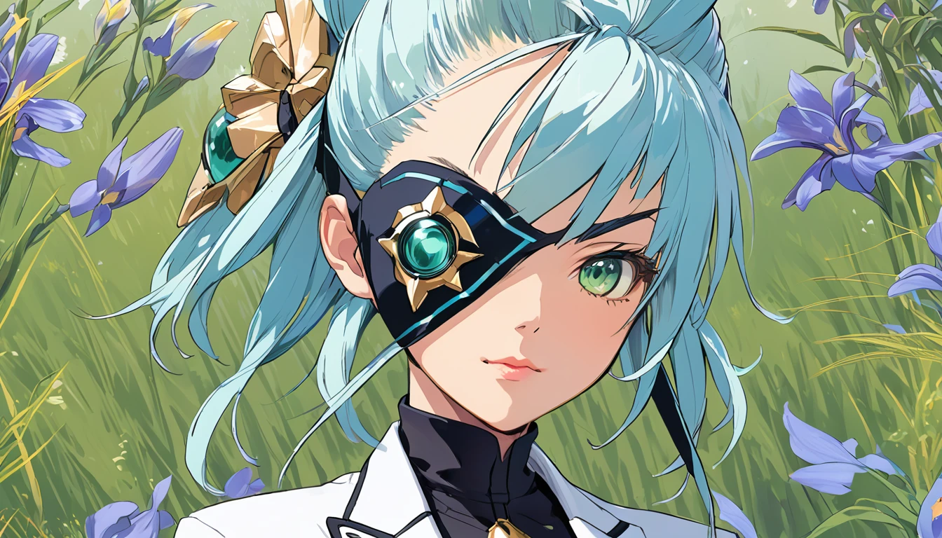 Mikumari \(Xenoblade\)masterpiece, Highest quality, ((1 person)),Blue Hair,Green Eyes,Serious expression, smile,Upper Body,Line art,Medium Hair,White blazer,Black T-shirt,Big Breasts,Bunhead,Black Mask, Expressionless blue eyes,((Kubo Obito Style)) Detailed face, Face Focus, Are standing, Black Hair,(hair ornaments:1.35),office lady, Sleeves edged with ribbon, Removable sleeves, Ribbon trim, Wide sleeves, (View your audience:1.5) Long Hair, iris, bangs, lips,smile,grassland