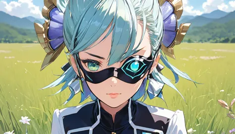 mikumari \(xenoblade\)masterpiece, highest quality, ((1 person)),blue hair,green eyes,serious expression, smile,upper body,line ...