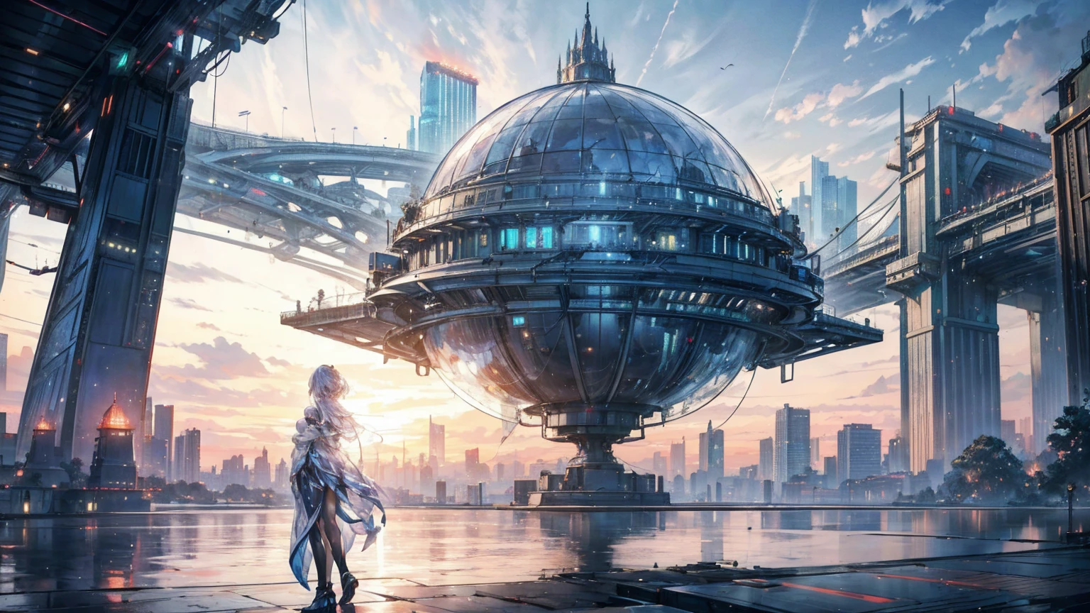 (Best quality,4K,8K,A high resolution,Masterpiece:1.2),Ultra-detailed,(Realistic,Photorealistic,photo-realistic:1.37),Futuristic floating city,Futuristic technology,Huge urban high-tech tablet platform,Airship,Floating in the sky,Futuristic city,Small airships around,High-tech hemispherical platform,Colorful lights,Advanced architecture,modernn architecture,skyscrapper,Access the cloud,Scenic beauty,view over city,Impressive design,Blend seamlessly with nature,energetic and vibrant atmosphere,Futuristic transportation system,Parking is suspended,Transparent path,Lush greenery,Sky gardens,cascading waterfalls,Magnificent skyline,reflections on the water,Sparkling river,Architectural innovation,futuristic skyscrapers,Transparent dome,The shape of the building is unusual,Elevated walkway,Impressive skyline,Glowing lights,Futuristic technology,Minimalist design,Scenic spots,Panoramic view,Cloud Piercing Tower,Vibrant colors,epic sunrise,epic sunset,Dazzling light display,magical ambiance,The future city,Urban Utopia,LuxuryLifestyle,Innovative energy,sustainable development,Smart city technology,Advanced infrastructure,Tranquil atmosphere,Nature and technology live in harmony,Awesome cityscape,Unprecedented urban planning,Architecture connects seamlessly with nature,High-tech metropolis,A cutting-edge engineering marvel,The future of urban living,Visionary architectural concept,Energy-efficient buildings,Harmony with the environment,A city floating above the clouds,Utopian dreams become reality,The possibilities are endless,State-of-the-art transportation network,Green energy integration,Innovative materials,Impressive holographic display,Advanced communication system,Breathtaking aerial view,Quiet and peaceful environment,Modernist aesthetics,Ethereal beauty