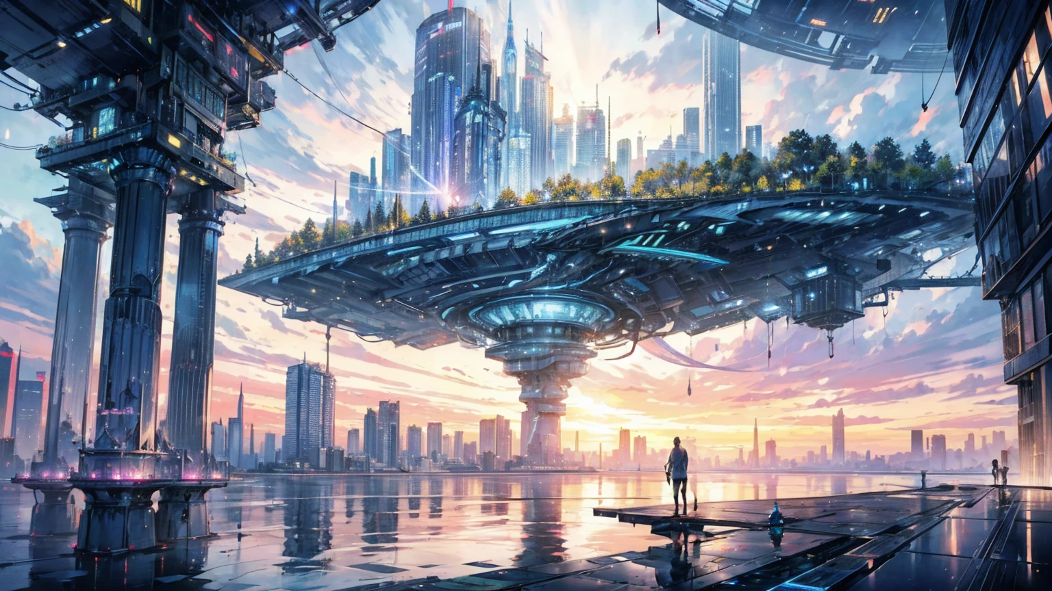 (Best quality,4K,8K,A high resolution,Masterpiece:1.2),Ultra-detailed,(Realistic,Photorealistic,photo-realistic:1.37),Futuristic floating city,Futuristic technology,Huge urban high-tech tablet platform,Airship,Floating in the sky,Futuristic city,Small airships around,High-tech hemispherical platform,Colorful lights,Advanced architecture,modernn architecture,skyscrapper,Access the cloud,Scenic beauty,view over city,Impressive design,Blend seamlessly with nature,energetic and vibrant atmosphere,Futuristic transportation system,Parking is suspended,Transparent path,Lush greenery,Sky gardens,cascading waterfalls,Magnificent skyline,reflections on the water,Sparkling river,Architectural innovation,futuristic skyscrapers,Transparent dome,The shape of the building is unusual,Elevated walkway,Impressive skyline,Glowing lights,Futuristic technology,Minimalist design,Scenic spots,Panoramic view,Cloud Piercing Tower,Vibrant colors,epic sunrise,epic sunset,Dazzling light display,magical ambiance,The future city,Urban Utopia,LuxuryLifestyle,Innovative energy,sustainable development,Smart city technology,Advanced infrastructure,Tranquil atmosphere,Nature and technology live in harmony,Awesome cityscape,Unprecedented urban planning,Architecture connects seamlessly with nature,High-tech metropolis,A cutting-edge engineering marvel,The future of urban living,Visionary architectural concept,Energy-efficient buildings,Harmony with the environment,A city floating above the clouds,Utopian dreams become reality,The possibilities are endless,State-of-the-art transportation network,Green energy integration,Innovative materials,Impressive holographic display,Advanced communication system,Breathtaking aerial view,Quiet and peaceful environment,Modernist aesthetics,Ethereal beauty