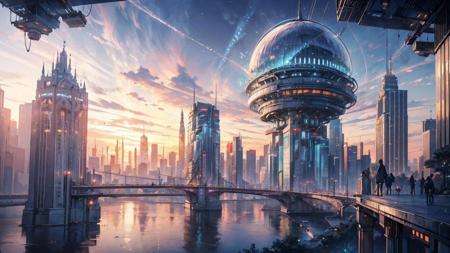 (Best quality,4K,8K,A high resolution,Masterpiece:1.2),Ultra-detailed,(Realistic,Photorealistic,photo-realistic:1.37),Futuristic floating city,Futuristic technology,Huge urban high-tech tablet platform,Airship,Floating in the sky,Futuristic city,Small airships around,High-tech hemispherical platform,Colorful lights,Advanced architecture,modernn architecture,skyscrapper,Access the cloud,Scenic beauty,view over city,Impressive design,Blend seamlessly with nature,energetic and vibrant atmosphere,Futuristic transportation system,Parking is suspended,Transparent path,Lush greenery,Sky gardens,cascading waterfalls,Magnificent skyline,reflections on the water,Sparkling river,Architectural innovation,futuristic skyscrapers,Transparent dome,The shape of the building is unusual,Elevated walkway,Impressive skyline,Glowing lights,Futuristic technology,Minimalist design,Scenic spots,Panoramic view,Cloud Piercing Tower,Vibrant colors,epic sunrise,epic sunset,Dazzling light display,magical ambiance,The future city,Urban Utopia,LuxuryLifestyle,Innovative energy,sustainable development,Smart city technology,Advanced infrastructure,Tranquil atmosphere,Nature and technology live in harmony,Awesome cityscape,Unprecedented urban planning,Architecture connects seamlessly with nature,High-tech metropolis,A cutting-edge engineering marvel,The future of urban living,Visionary architectural concept,Energy-efficient buildings,Harmony with the environment,A city floating above the clouds,Utopian dreams become reality,The possibilities are endless,State-of-the-art transportation network,Green energy integration,Innovative materials,Impressive holographic display,Advanced communication system,Breathtaking aerial view,Quiet and peaceful environment,Modernist aesthetics,Ethereal beauty