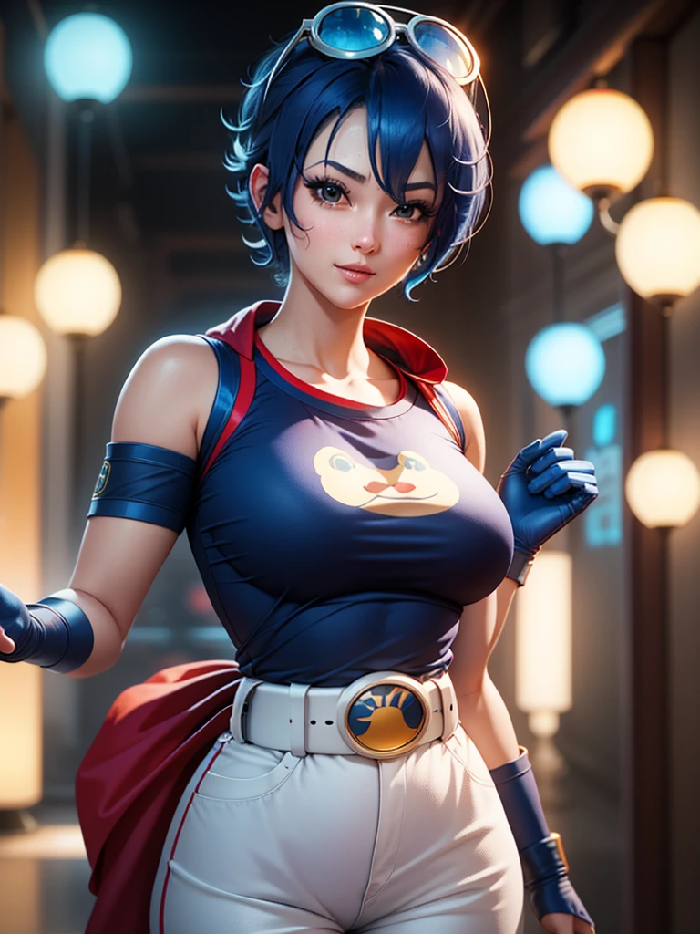 (por la noche), in a video game scene a background of a Hermoso city during the day raining, Parado en atención, semi-short pelo azul, blouse with an anime frog rostro, pantalones acampanados blancos, lleva guantes de ejercicio azules, tiene gafas redondas en la cabeza, LLEVA un pañuelo ROJO alrededor del cuello, cinturón enorme con un chal redondo, ((pelo azul)), 1 chica, alone, 20 años, mujer joven, manos perfectas, Hermoso fingers, Hermoso long legs, Hermoso body , Hermoso nose, Hermoso character design, perfect rostro, mirando al espectador con gesto serio (focusing on his rostro), boca cerrada, luz_sonrisa, arte oficial, Fondo de pantalla CG unity 8k extremadamente detallado, Iluminación perfecta, iluminación frontal brillante y colorida , piel brillante (obra maestra: 1.0), (Mejor_calidad: 1.0), ultra-Alta resolución, 4k, fotografía ultra detallada, 8K, hdr, Alta resolución, Disparates:1.2, Kodak retrato 400, grano de la película, Fondo borroso, bokeh: 1.2, Destello de lente, (vibrante_color:1.2), fotografía profesional, (Hermoso_rostro: 1.5), (cintura estrecha),
