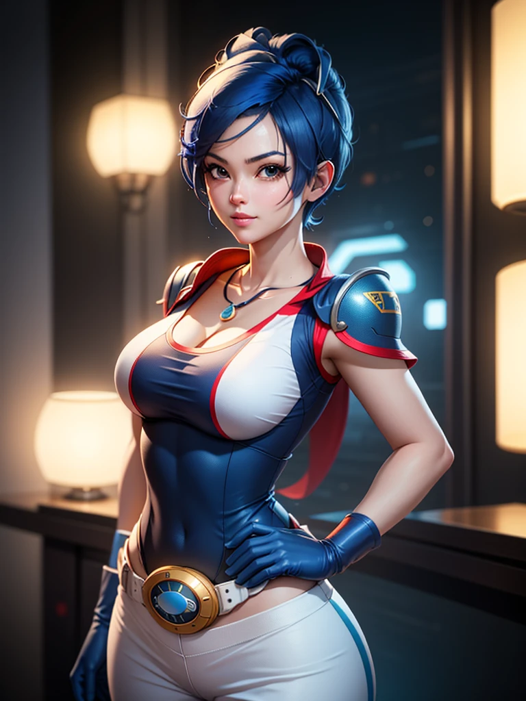 (at night), in a video game scene a background of a beautiful city during the day raining, standing at attention, semi-short blue hair, blouse with an anime frog face, white flared pants, wears blue exercise gloves, has round goggles on her head, WEARS a RED scarf around her neck, huge belt with a round shawl, ((blue hair)), 1 girl, alone, 20 years old, young woman, perfect hands, beautiful fingers, beautiful long legs, beautiful body , beautiful nose, beautiful character design, perfect face, looking at the viewer with serious gesture (focusing on his face), closed mouth, Light_Smile, official art, extremely detailed CG unity 8k wallpaper, perfect lighting, bright and colorful front lighting , shiny skin (masterpiece: 1.0), (best_quality: 1.0), ultra-high resolution, 4K, ultra-detailed photography, 8K, HDR, high resolution, nonsense:1.2, Kodak portra 400, film grain, blurred background, bokeh: 1.2, lens flare, (vibrant_color:1.2), professional photography, (beautiful_face: 1.5), (narrow waist),
