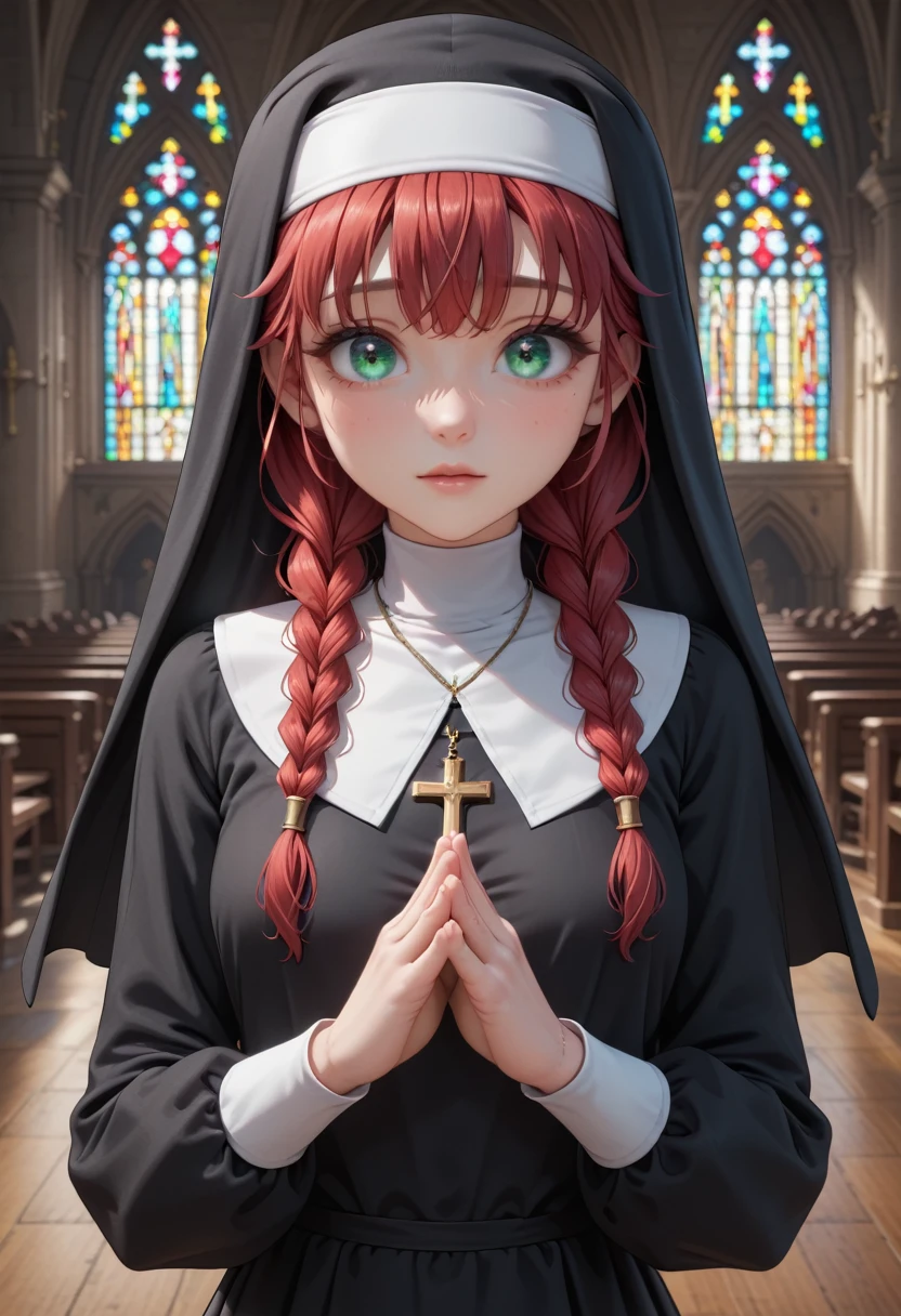 1girl, cute, curious, praying hands, beautiful, perfect eyes, gentle eyes, red hair, long braids, bangs, green eyes, little breasts, nun, nun clothes, nun hat, church, masterpiece quality, ultra HD, 4K, best quality