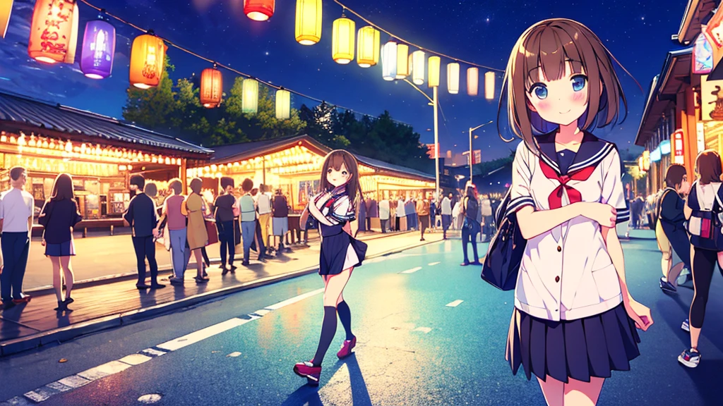 {of the highest quality], [Super beautiful], [Ultra Fine], [best illustration], NSFW,Brown hair, hime cut, by the wide, with bangs, Girl,high school student,uniform,weave,short sleeve,Skirt,smile, blush, Thin women, adult women,standing posture,(public),night park,summer festival,diagonal, Navy Blue Knee High Socks,black bread