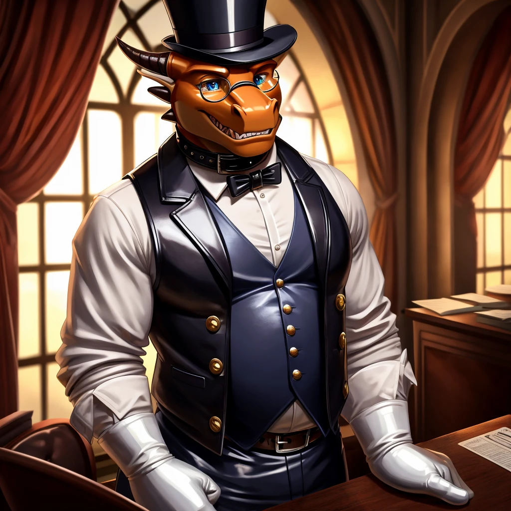 Male, fat, extremely obese, gentleman, dapper Professor Dragon, green skin, blue eyes, (posing:1.3), (soft shading), 4k, hi res, ((detailed face, detailed)), looking at viewer, mouth wide open, steampunk, dapper clothing, collared shirt with buttons, top hat, male focus, Explorer Outfit, glasses, monocle, vest with buttons, sleeves rolled up, round eyewear, brown headwear, brown vest, office, Dragon is wearing a glossy leather dog collar around the neck, Dragon is wearing the leather collar and shirt and vest at the same time, Dragon is wearing glossy white rubber gloves on the hands, wearing white rubber gloves on the feet, gloves are rubber in texture, clenching teeth, clenching fists, leather collar is glossy and shiny with a lot of detail, Dragon is wearing gloves and leather collar at the same time, leather collar has a round dog-tag, leather collar is thick and detailed, leather collar is glossy and shiny, fancy clothing, dapper vest, dapper shirt, leather collar is thick, glossy leather collar, Dragon is getting dressed in his dapper vest putting on his dapper leather collar.