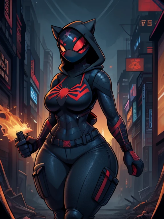 Spiderson, Spider-Man, poison woman with huge ass, huge hips and breasts, cultist wears orange and black cargo pants and fire pattern boots., in the hood, with a mask that completely covers the face,  wear a jacket with a spider pattern, In black pants, hands in bandages, with an army of cultists, + drives a tank, In a ruined city,+fog+anime, enlightenment、(top quality)、(((masterpiece)))、(a high resolution)、Original、(lonely girl)、sexual、Thick、big body、(ginger),With guns and rifles, Helghast, wolfenstein, Unigine rendering, holding a blaster, imperial military, cyberpunk imperial military, Have MP7, with a pistol, RB6S), Wearing a black Sith uniform., Excellent detail, RB6S, RB 6 s, high level of detail