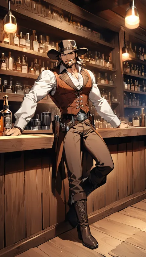 handsome western cowboy man, beard, 2.5D, delicate and dynamic, western costume, western hat, western boots, two pistols, cool, bar, bar counter