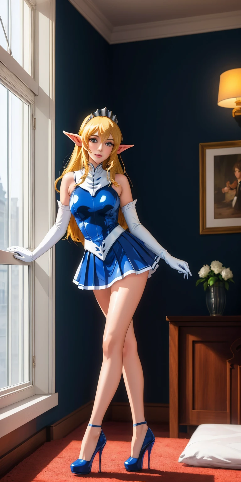 high resolution, masterpiece, high quality, perfect face, perfect eyes, Princess Nina Aslato, long blonde hair, long elf ears, tiara, blue leotard, miniskirt, high heels, feet together, white elbow gloves, huge breasts, cheerful, bedroom background (indoors) sunset thru window