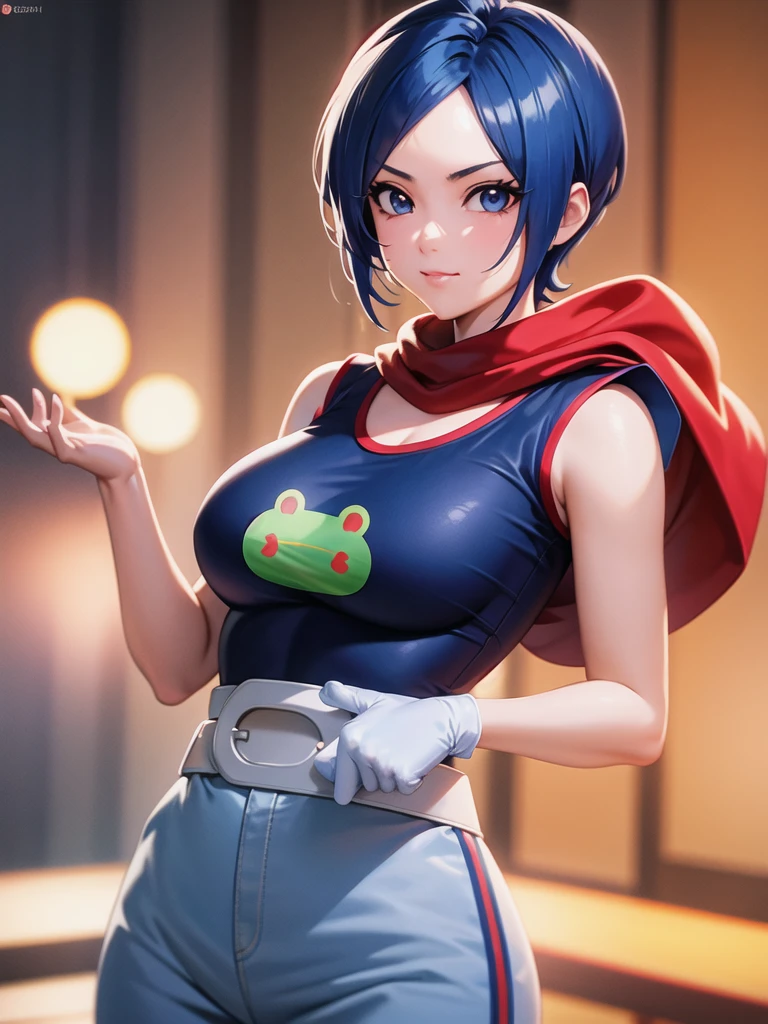 (晚上), in a video game scene a background of a 美麗的 city during the day raining, 立正, semi-short 藍頭髮, blouse with an anime frog 臉, 白色喇叭裤, 戴著藍色運動手套, 頭上戴著圓形護目鏡, 脖子上戴著一條紅色圍巾, 巨大的腰帶和圓披肩, ((藍頭髮)), 1 名女孩, 獨自的, 20歲, 年輕女子, 完美的雙手, 美麗的 fingers, 美麗的 long legs, 美麗的 body , 美麗的 nose, 美麗的 character design, perfect 臉, 用嚴肅的姿勢看著觀眾 (focusing on his 臉), 閉著嘴, 光_微笑, 官方藝術, 極為細緻的CG統一8k壁紙, 完美的照明, bright and 顏色ful front lighting , 有光澤的皮膚 (傑作: 1.0), (最好的_品質: 1.0), ultra-高解析度, 4k, 超詳細攝影, 8K, 高動態範圍, 高解析度, 廢話:1.2, 柯達 portra 400, 膠片顆粒, 模糊的背景, 散景: 1.2, 鏡頭光暈, (充滿活力_顏色:1.2), 專業攝影, (美麗的_臉: 1.5), (柳腰),
