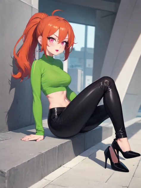 wide hips, thighs, vicky, ponytail, lipstick, midriff, 1girl, green crop top, pink eyes, black pants, orange hair ,solo girl, si...