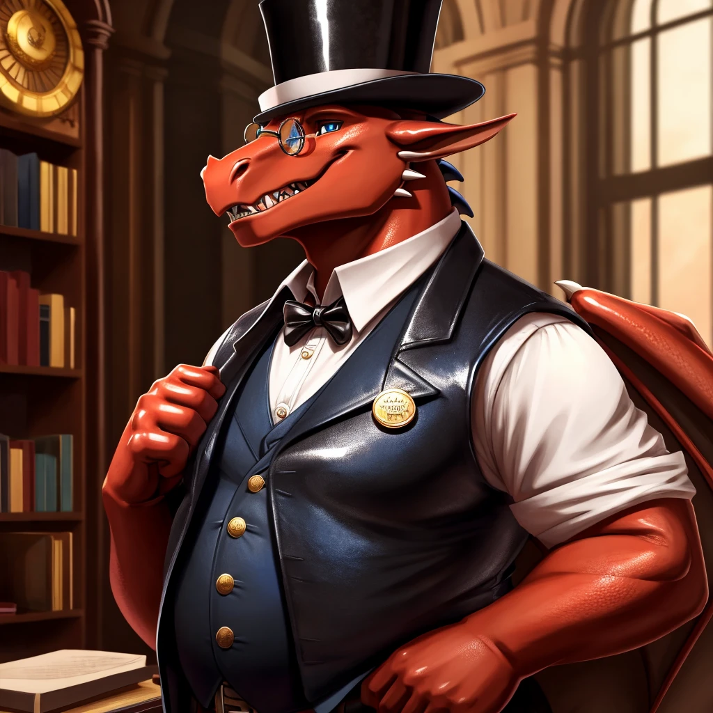 Solo, Male, fat, extremely obese, gentleman, dapper Professor Dragon, blue eyes, (posing:1.3), (soft shading), 4k, hi res, ((detailed face, detailed)), looking at viewer, mouth wide open, steampunk, dapper clothing, collared shirt with buttons, top hat, male focus, Explorer Outfit, glasses, monocle, vest with buttons, sleeves rolled up, round eyewear, brown headwear, brown vest, office, Dragon is wearing a glossy leather dog collar around the neck, Dragon is wearing the leather collar and shirt and vest at the same time, Dragon is wearing glossy white rubber gloves on the hands, wearing white rubber gloves on the feet, gloves are rubber in texture, clenching teeth, clenching fists, leather collar is glossy and shiny with a lot of detail, Dragon is wearing gloves and leather collar at the same time, leather collar has a round dog-tag, leather collar is thick and detailed, leather collar is glossy and shiny, fancy clothing, dapper vest, dapper shirt, leather collar is thick, glossy leather collar, Dragon is getting dressed in his dapper vest putting on his dapper leather collar.