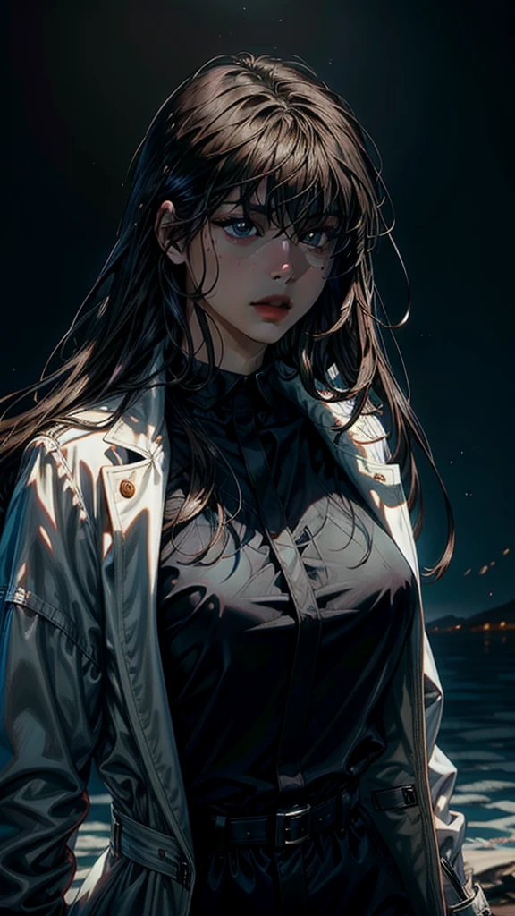 a beautiful young woman with long brown hair, bangs, wearing a white coat and black shirt, in a detailed and intricate style, masterpiece, best quality, hyperrealistic, 8k, ultra-detailed, photorealistic, vivid colors, cinematic lighting, dramatic shadows, chiaroscuro, oil painting, elegant, serene, thoughtful expression, graceful pose, slender figure, delicate features, porcelain skin, detailed eyes, nose, lips, long eyelashes