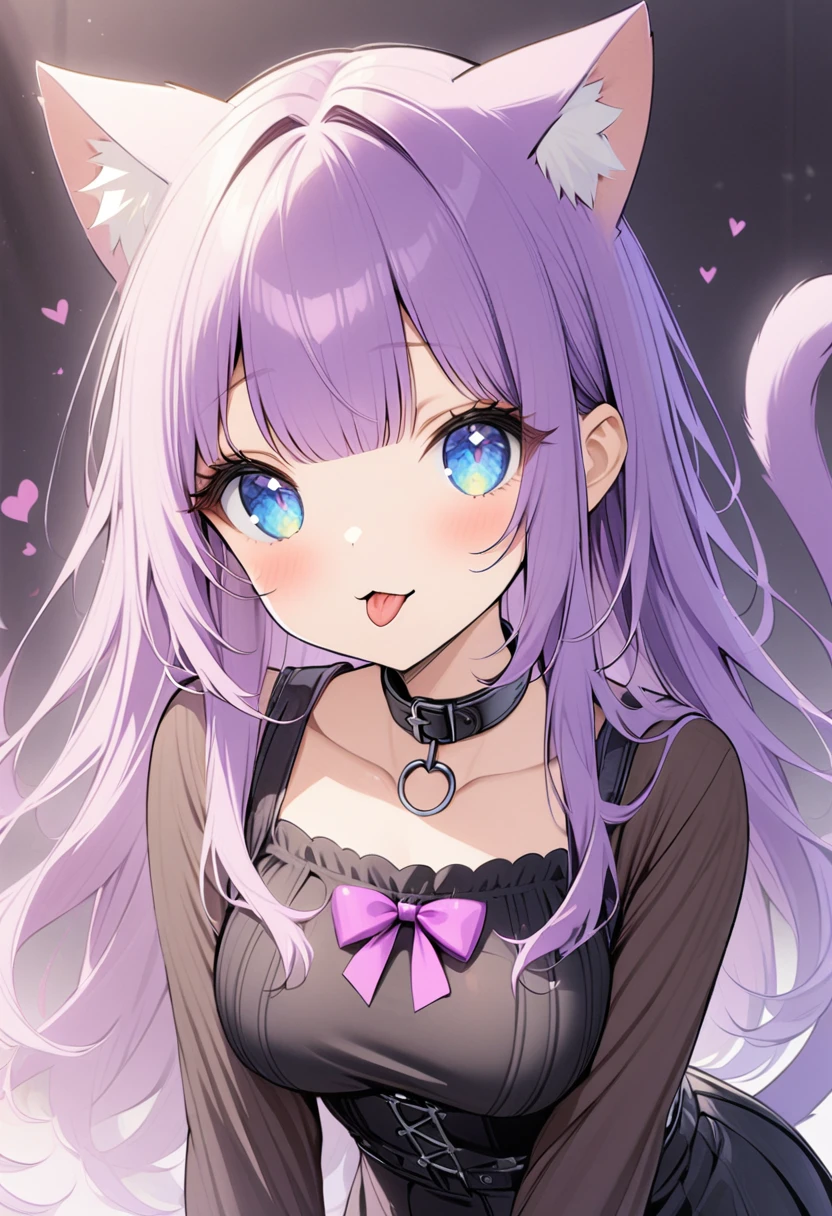 1girl, Blue eyes, Long Hair, Bangs, Purple Hair, Breasts, black collar, cat ears, purple cat tail, black clothes, tongue out