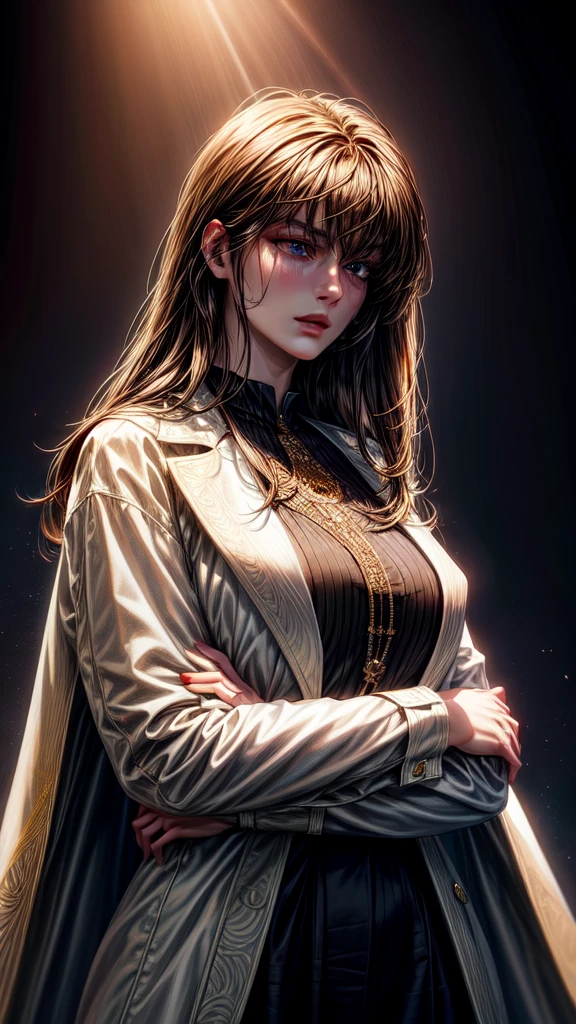 a beautiful young woman with long brown hair, bangs, wearing a white coat and black shirt, in a detailed and intricate style, masterpiece, best quality, hyperrealistic, 8k, ultra-detailed, photorealistic, vivid colors, cinematic lighting, dramatic shadows, chiaroscuro, oil painting, elegant, serene, thoughtful expression, graceful pose, slender figure, delicate features, porcelain skin, detailed eyes, nose, lips, long eyelashes