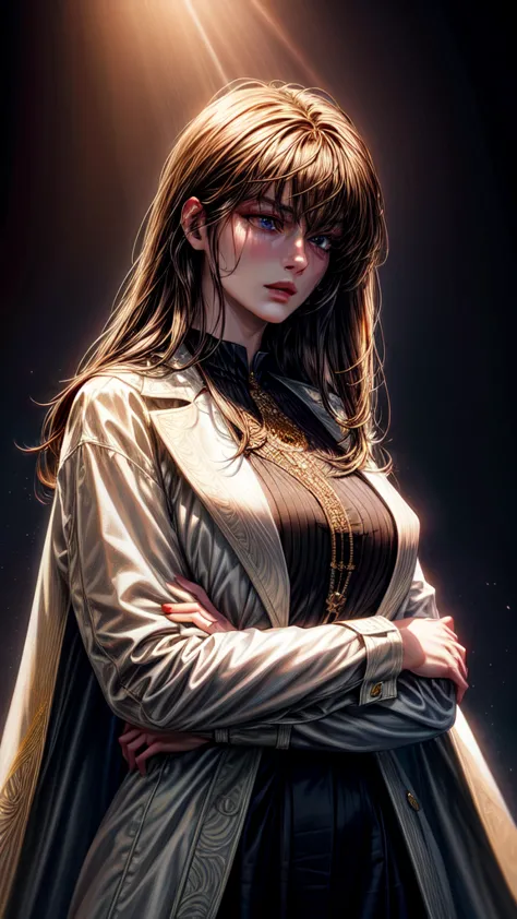 a beautiful young woman with long brown hair, bangs, wearing a white coat and black shirt, in a detailed and intricate style, ma...