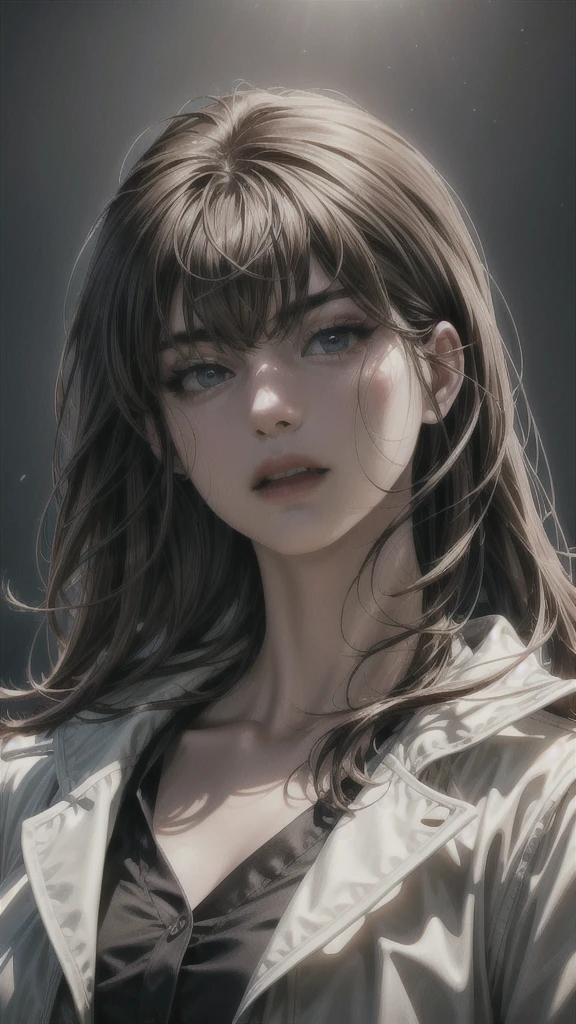 a beautiful young woman with long brown hair, bangs, wearing a white coat and black shirt, in a detailed and intricate style, masterpiece, best quality, hyperrealistic, 8k, ultra-detailed, photorealistic, vivid colors, cinematic lighting, dramatic shadows, chiaroscuro, oil painting, elegant, serene, thoughtful expression, graceful pose, slender figure, delicate features, porcelain skin, detailed eyes, nose, lips, long eyelashes