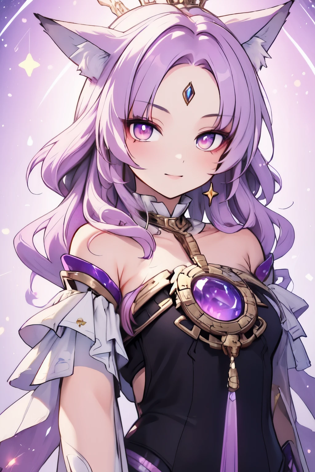 ((best quality)), ((masterpiece)), (detailed), detailed eyes, detailed hands, body image from chest to above her head, humanoid kitsune, starry crystal crown on top of head, light purple hair, light purple fox ears, starry eight-point crystal star on forehead, delicate and beautiful detailing, beautiful face, well-proportioned detailed eyes, round detailed eyes and makeup, beautiful detailed and clear eyes, volume smooth and sharp, long flat bangs, fictional art, best photos, best quality, best photos, very beautiful and meticulous starry eight-point crystal star shape on forehead, delicate, mouth closed smile, not fully smiling, starry background