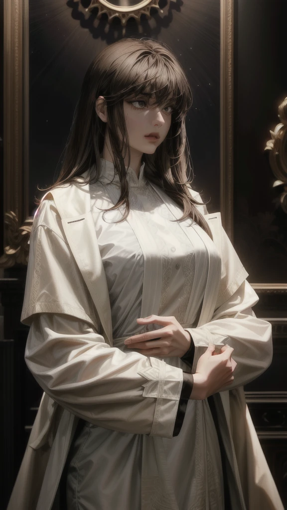 a beautiful young woman with long brown hair, bangs, wearing a white coat and black shirt, in a detailed and intricate style, masterpiece, best quality, hyperrealistic, 8k, ultra-detailed, photorealistic, vivid colors, cinematic lighting, dramatic shadows, chiaroscuro, oil painting, elegant, serene, thoughtful expression, graceful pose, slender figure, delicate features, porcelain skin, detailed eyes, nose, lips, long eyelashes