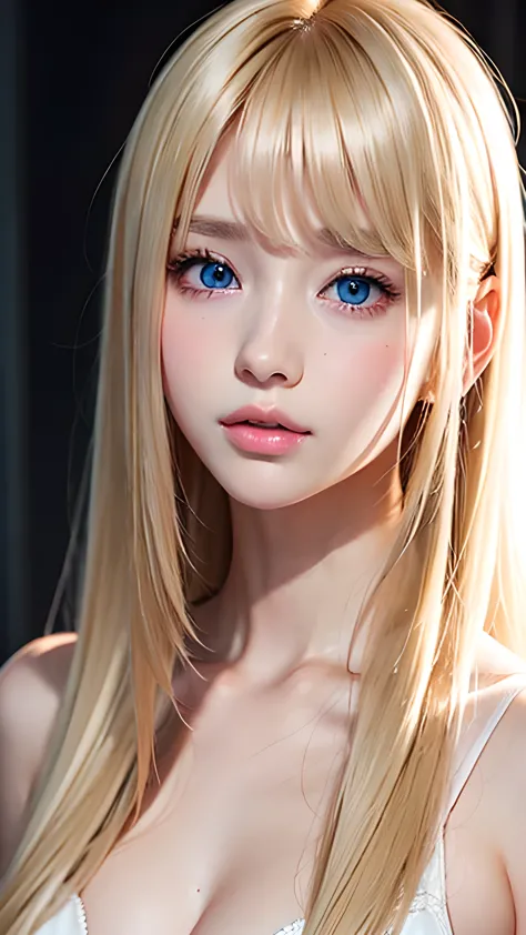 a beautiful blonde with a cute face,very beautiful super long platinum blonde straight silky hair,bangs over eyes、half body shot...