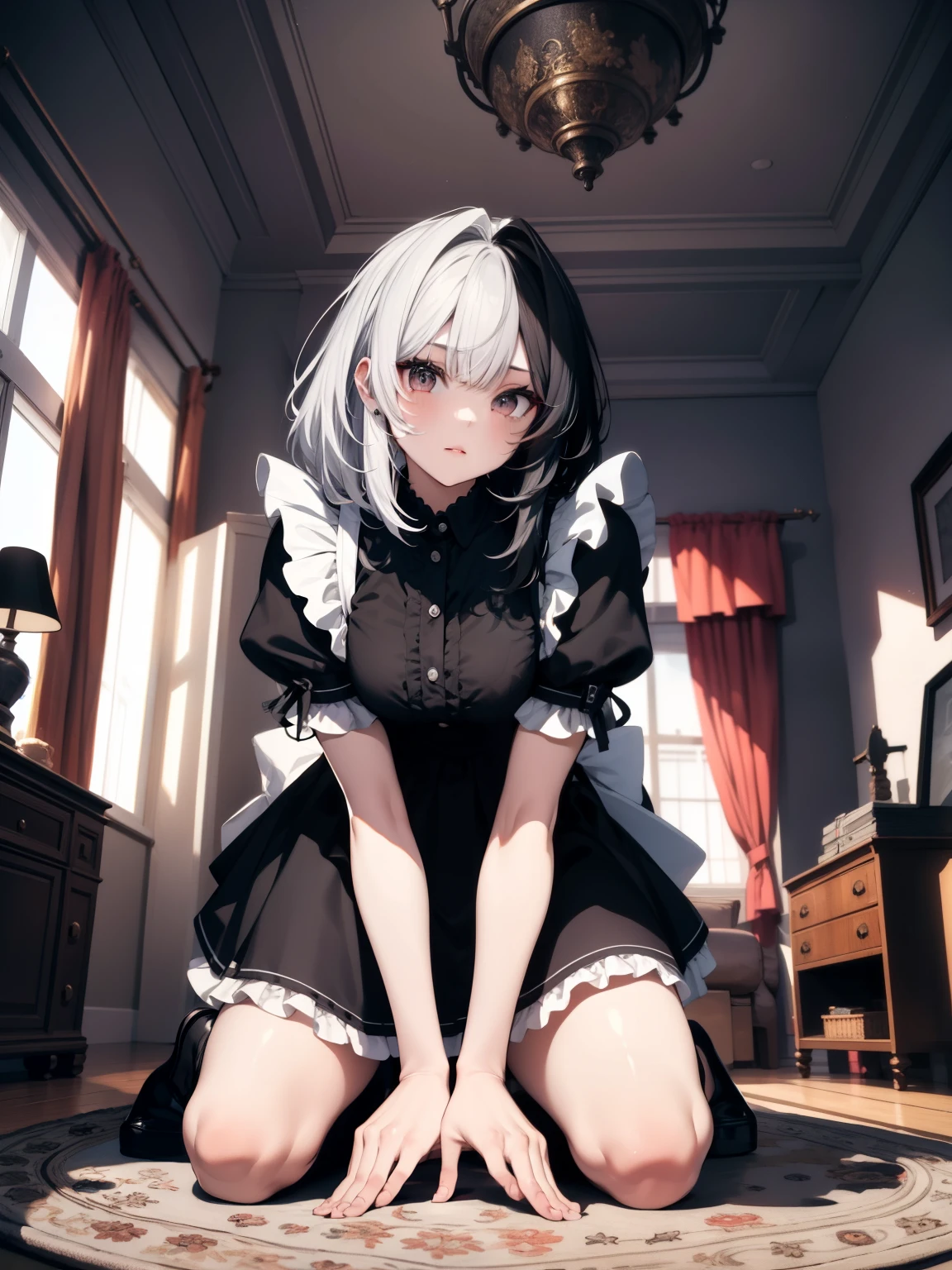 masterpiece, best quality, highly detailed,1girl, adult, split-color hair, black and white hair, looking at viewer, living room, maid uniform, kneeling