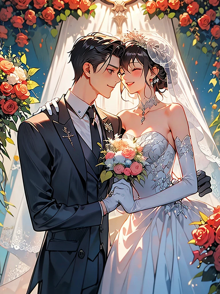 masterpiece, 1girl, 1boy, dress, two people, wedding dress, necktie, couple, smile, strapless dress, closed eyes, pants, strapless, veil, flower, long hair, holding, jewelry, gloves, shirt, necklace, bouquet, white pants, holding bouquet, white dress, blue eyes, white shirt, open jacket, holding hands, elbow gloves, white gloves, white jacket, pink necktie, bridal veil, white background, wedding, husband and wife, long sleeves, long dress, pink flower, short hair, standing, novel cover