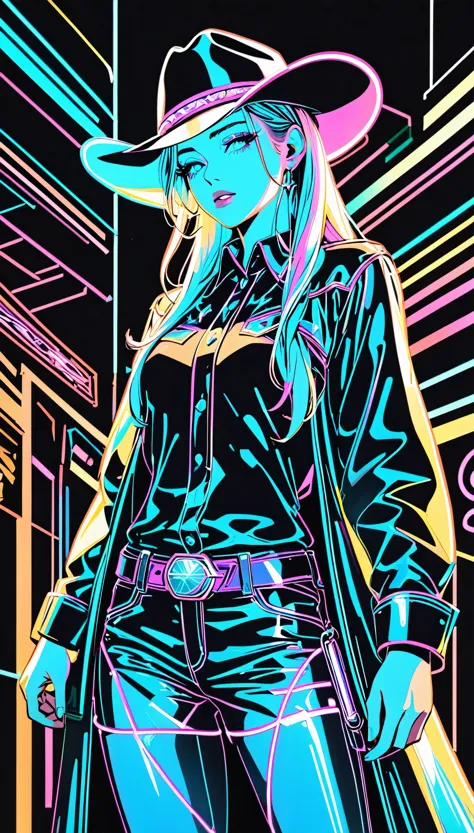 line art, iridescent neon light effect, western cowboy, 2.5D, delicate and dynamic