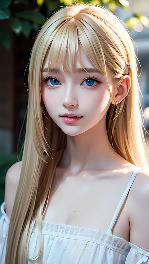 a beautiful blonde with a cute face,very beautiful super long platinum blonde straight silky hair,bangs over eyes、half body shot...