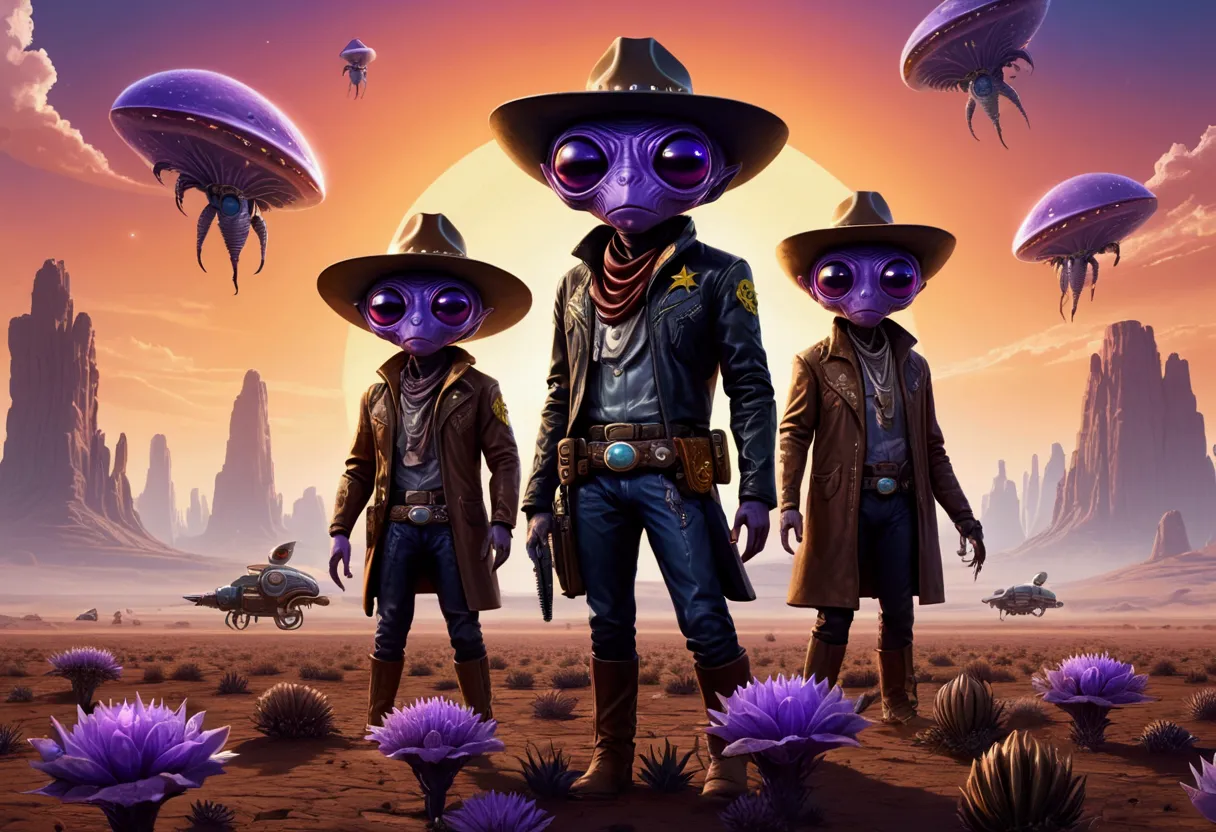 alien cowboys (lean, big head, huge dark eyes, cowboy outfit, ray guns) are riding on crystalline beetles, alien plains with str...