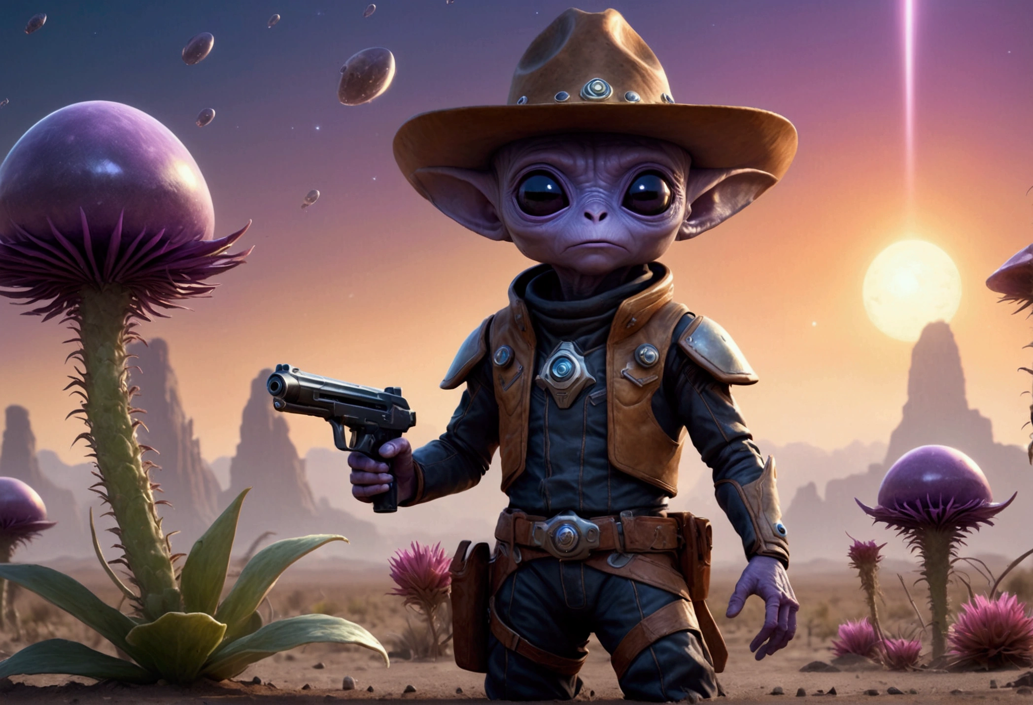 a lean alien cowboy with a big head, huge dark eyes, wearing a cowboy outfit, holding ray guns, riding on crystalline beetles, alien plains with strange plants, violet skies, 2 suns, (best quality,4k,8k,highres,masterpiece:1.2),ultra-detailed,(realistic,photorealistic,photo-realistic:1.37),cinematic lighting,digital art,matte painting,concept art,sci-fi,dramatic lighting