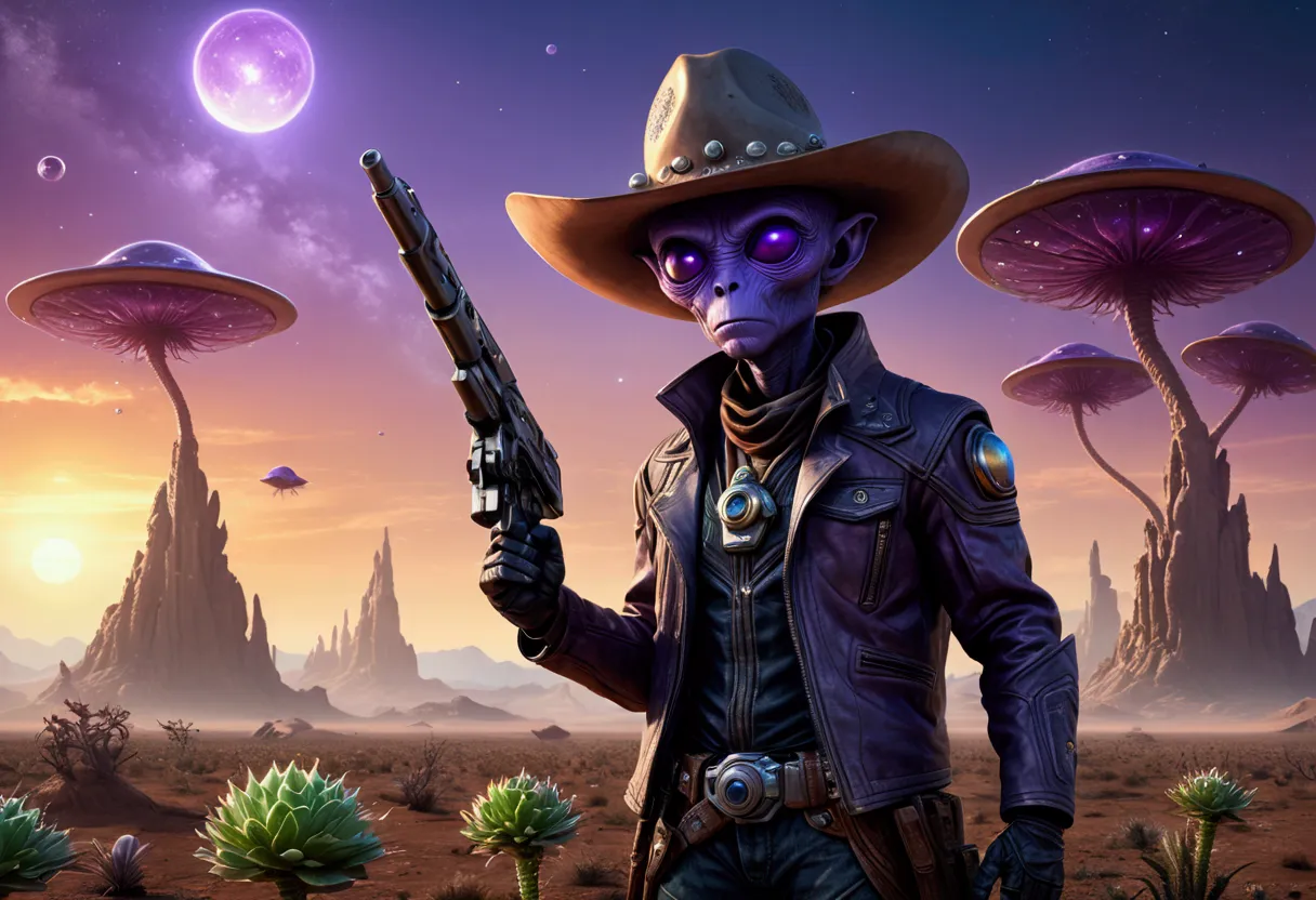 a lean alien cowboy with a big head, huge dark eyes, wearing a cowboy outfit, holding ray guns, riding on crystalline beetles, a...