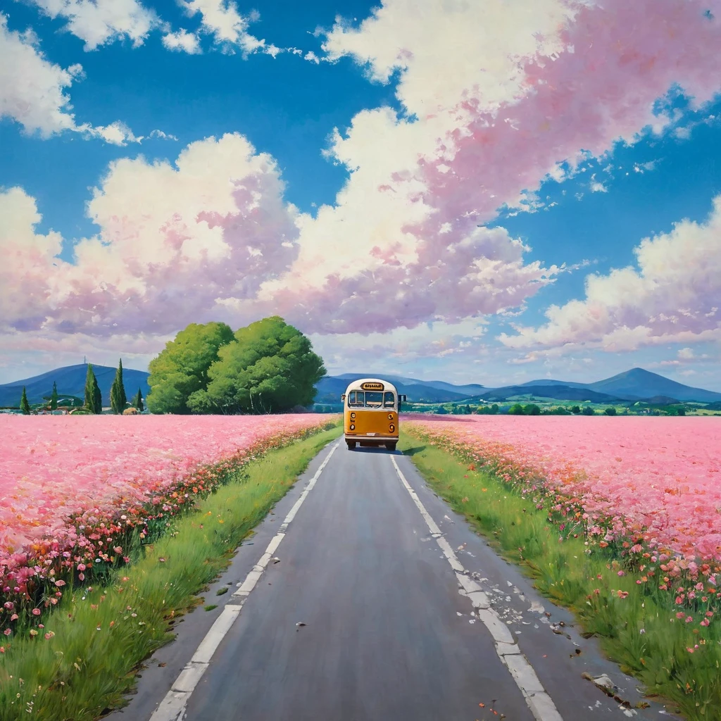 (((best quality)))), Realistic, authentic, beautiful and amazing landscape with a bus on the road oil painting Studio Ghibli Hayao Miyazaki pasture petals with blue sky and white clouds, no humans. A bus journeys west, the windshield flashing pink, pink glancing off of metal, brushing the dented flank of blue, beat-up enamel, Studio Ghibli
