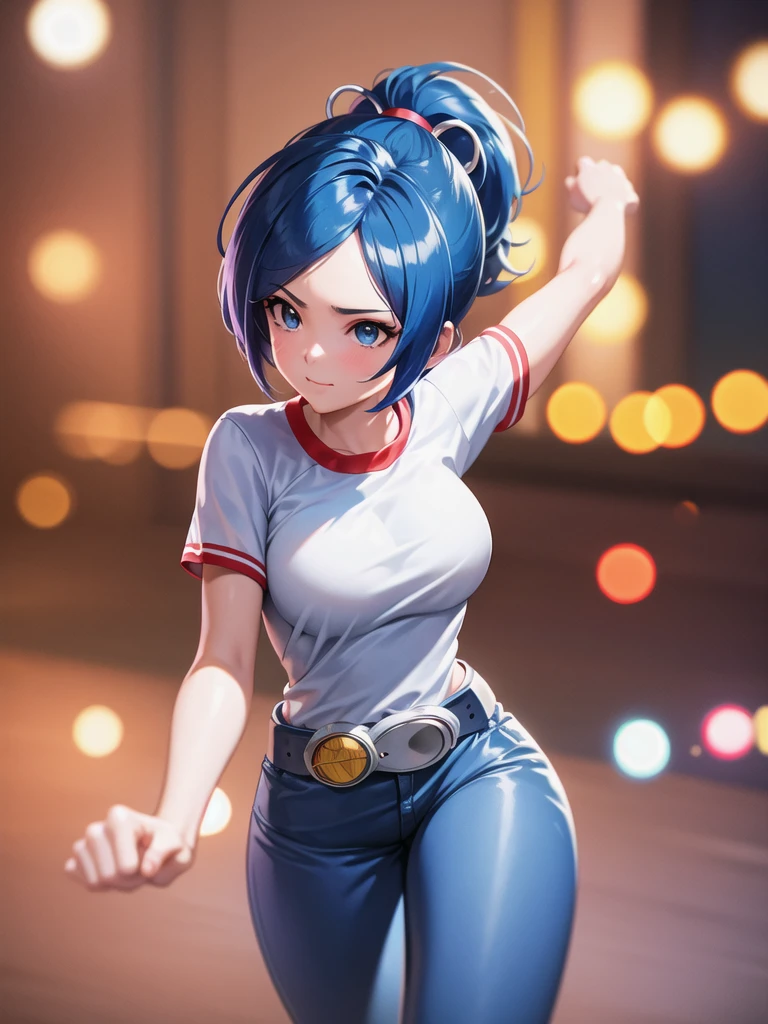 (por la noche), en una escena de videojuego, a background of a Hermoso city during the day raining, Parado en atención, semi-short pelo azul, blouse with an anime frog rostro, pantalones acampanados blancos, usando guantes de ejercicio azules sin dedos, tiene gafas redondas en la cabeza, cinturón enorme con gafas redondas, ((pelo azul)), 1 chica, alone, 20 años, mujer joven, manos perfectas, Hermoso fingers, Hermoso long legs, Hermoso body, Hermoso nose, Hermoso design of characters, perfect rostro, mirando al espectador con gesto serio (focusing on his rostro), boca cerrada, luz_sonrisa, arte oficial, Fondo de pantalla CG unity 8k extremadamente detallado, Iluminación perfecta, iluminación frontal brillante y colorida, piel brillante (obra maestra : 1.0), (Mejor_calidad: 1.0), ultra Alta resolución, 4k, fotografía ultra detallada, 8K, hdr, Alta resolución, Disparates:1.2, Kodak retrato 400, grano de la película, Desenfoque de fondo, bokeh:1.2, Destello de lente, (vibrante_color:1.2), fotografía profesional, (Hermoso_rostro: 1.5), (cintura estrecha),
