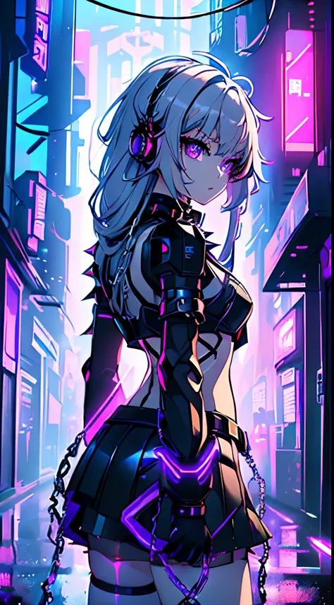 top-quality、Top image quality、​masterpiece、Android Girl((sixteen years old 、Broken, skinny , cybersuit glowing black, red and white、neon  energy source for the chest 、Light blue shiny hair、Long hair , spiky hair, messy hair, long fringe on hair, holding a chain whip, chains around her body, giant chains, Cyber Skirt、purple neon eyes 、Valley、Happiness、A slender)）hiquality、Beautiful Art、Background streets (cyberpunk city、masutepiece、Elaborate design、visualart、Theatrical films, glowing neon eyes, cyberpunk, futuristic, white silver hair, no pupils on eyes