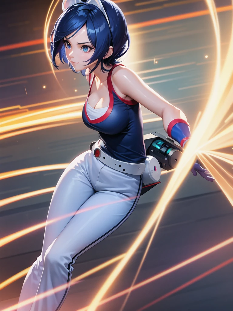 (at night), in a video game scene, a background of a beautiful city during the day raining, standing at attention, semi-short blue hair, blouse with an anime frog face, white flared pants, wearing blue fingerless exercise gloves, has round goggles on her head, huge belt with a round eyeglass, ((blue hair)), 1 girl, alone, 20 years old, young woman, perfect hands, beautiful fingers, beautiful long legs, beautiful body, beautiful nose, beautiful design of characters, perfect face, looking at the viewer with serious gesture (focusing on his face), closed mouth, Light_Smile, official art, extremely detailed CG unity 8k wallpaper, perfect lighting, bright and colorful front lighting, glowing skin (masterpiece : 1.0), (best_quality: 1.0), ultra high resolution, 4K, ultra detailed photography, 8K, HDR, high resolution, nonsense:1.2, Kodak portra 400, film grain, background blur, bokeh:1.2, lens flare, (vibrant_color:1.2), professional photography, (beautiful_face: 1.5), (narrow waist),
