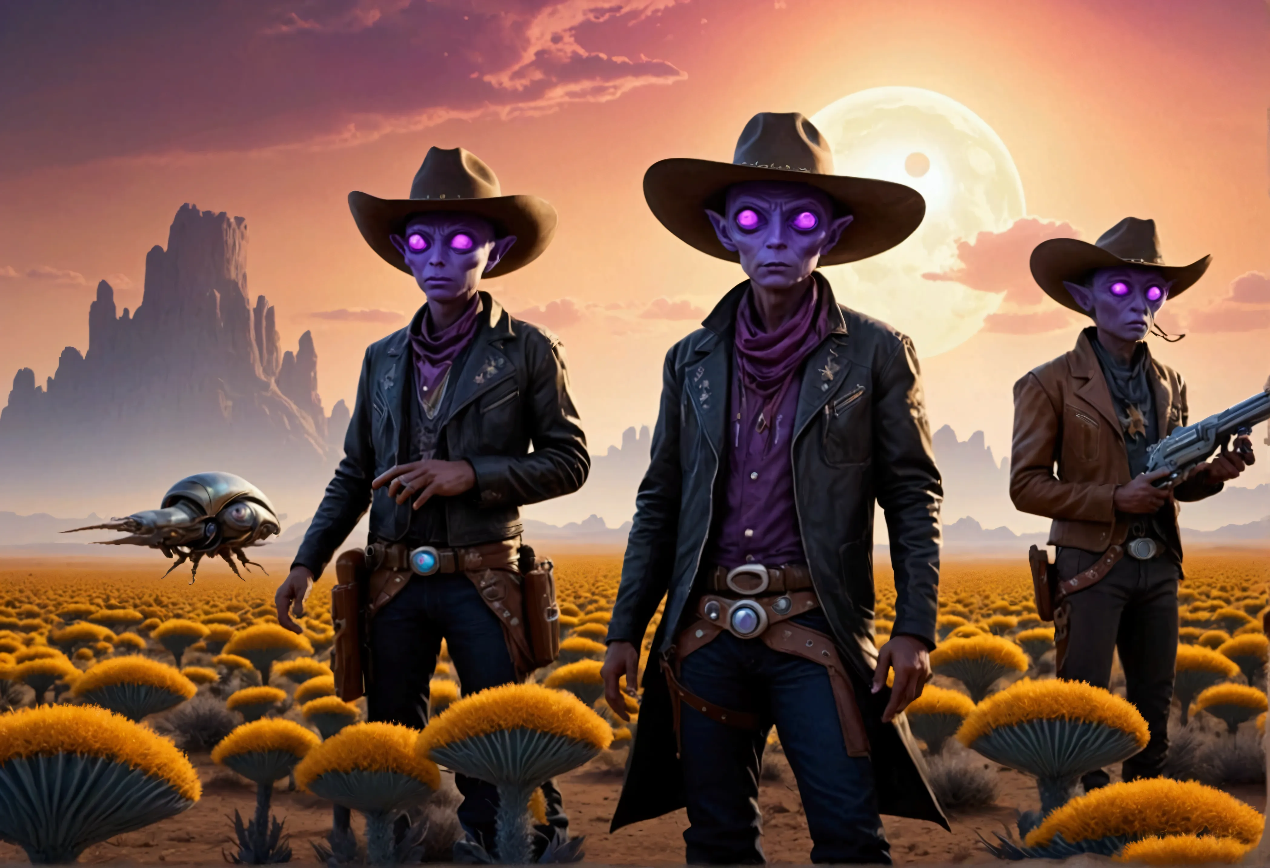 alien cowboys (lean, big head, huge dark eyes, cowboy outfit, ray guns) are riding on crystalline beetles, alien plains with str...