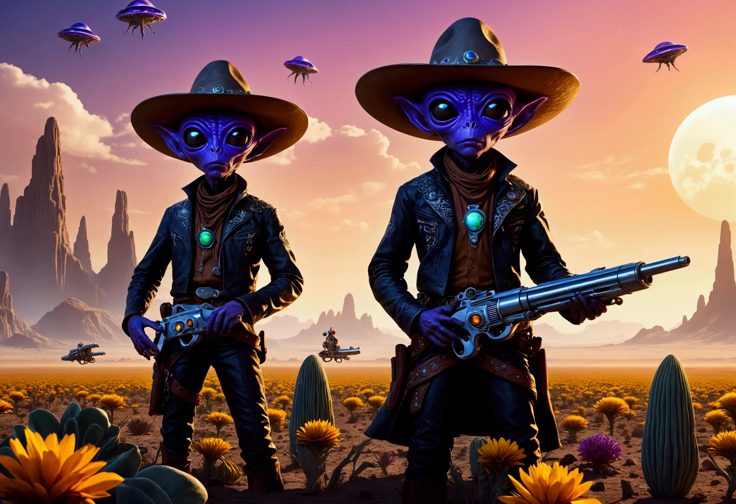 alien cowboys (lean, big head, huge dark eyes, cowboy outfit, ray guns) are riding on crystalline beetles, alien plains with str...