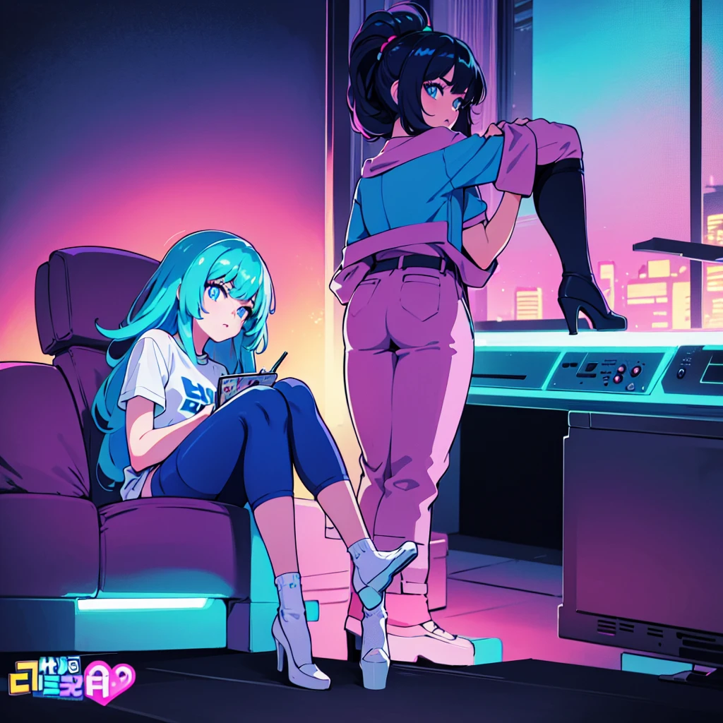 (masterpiece), Highest quality, Expressive eyes, Neon pastel aesthetics, Retro 90s, Neon color,((Girl sitting on sofa,In a cozy room,Records hanging on her wall, Comic books on the floor, Looking out the window behind her at the night city, Upholstered room, Anime figures lined up on a shelf)), Wearing headphones, (All around her it sparkles), (Wearing high socks and heels), (blue eyes), (Soft look), (Synthwave Art Style), Colorful Hair, Desk with PC set up