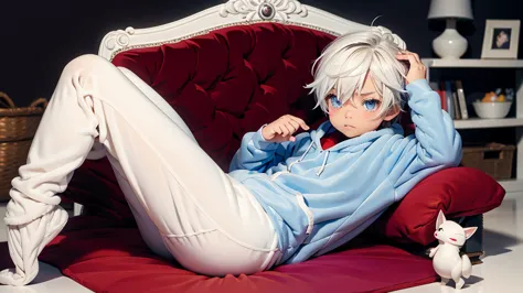 an anime image of a small boy with white hair wearing a thick diaper underneath fox hoodie-footie pjs, hoodie-footie pjs, (pampe...