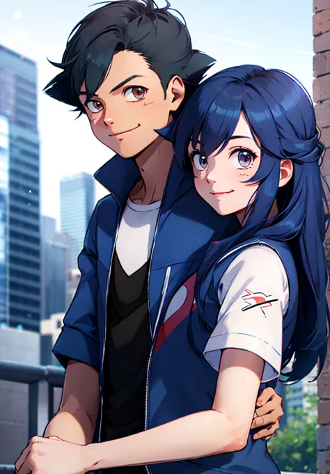 good quality,couple, 1 girl (dawn, long blue hair ,blue eyes,cap) ,evening,city, 1 man (ash ketchum, black hair,brown eyes),smil...