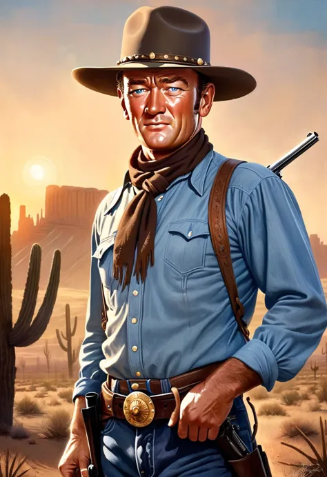 portrait of a young john wayne as a cowboy. detailed portrait, chiseled features, piercing blue eyes, rugged good looks, weather...