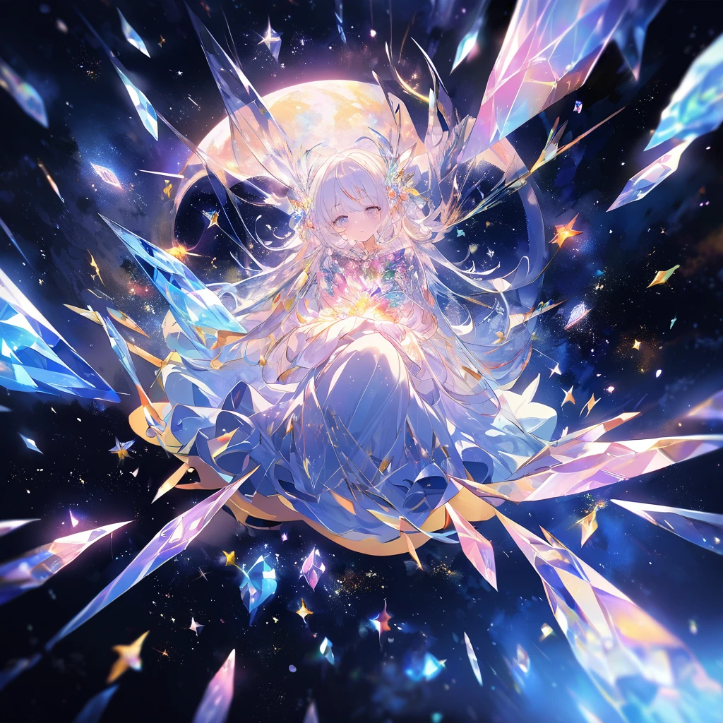 The crystal girl curled up in the center of the picture，Surrounded by space and stardust