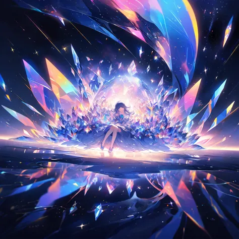 the crystal girl curled up in the center of the picture，surrounded by space and stardust