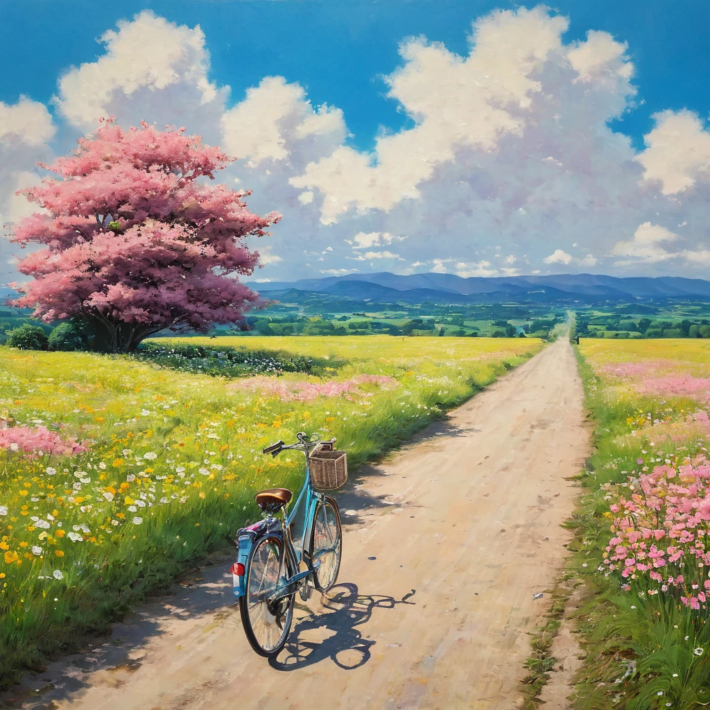 (((أفضل جودة)))), حقيقي, أصلي, beautiful and amazing landscape with a bike on the road oil painting استوديو جيبلي Hayao Miyazaki pasture petals with blue sky and white clouds, لا البشر. رحلة دراجة غربًا, يومض الزجاج الأمامي باللون الوردي, نظرة خاطفة باللون الوردي من المعدن, تنظيف الجانب المنبعج باللون الأزرق, المينا الضرب, استوديو جيبلي
