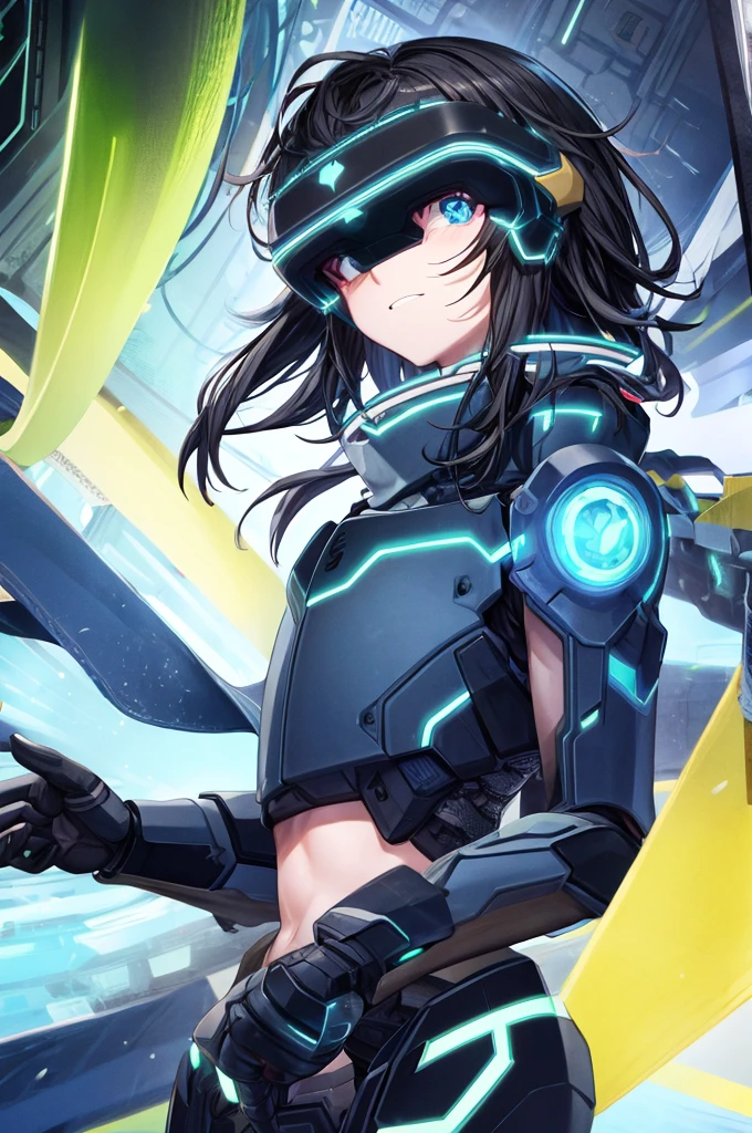 Sword art online, beste Qualität, am Kopf befestigter Bildschirm, Kirito, as a twink, mit freiliegendem Bauch und unterer Brust, umgeben von azurblauem Neon, kurze schwarze Haare, kurze schwarze Haare, NodesTech mascara, NodesTech headdress, trägt bauchfreies Top Cyborg-Rüstung BREAK Sci-Fi-Hintergrund, detaillierter Hintergrund,  azurblauer Neonhintergrund, Daten  