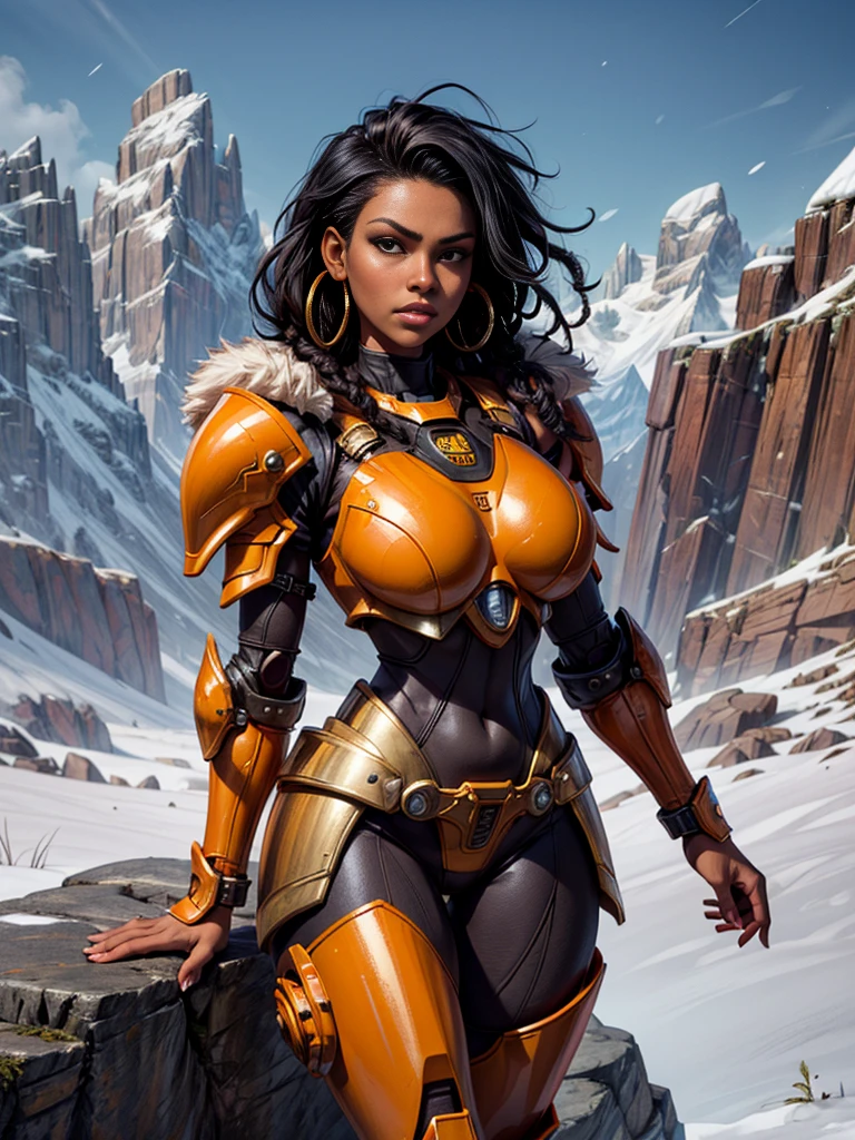 African woman with dark skin, dread locks, (black hair), pretty face, hoop earrings. (orange high tech power armor:1.2), (orange heavy armor), (orange power armor), (fur trim), visible wires, seam lines, orange shoulder pads, large shoulder pads, round shoulder pads, rivets, chipped paint. loin cloth, fur trim, fur cuffs, (bare hips, bare thighs). Background: wind swept mountain, blowing snow, rocky cliff, valley below