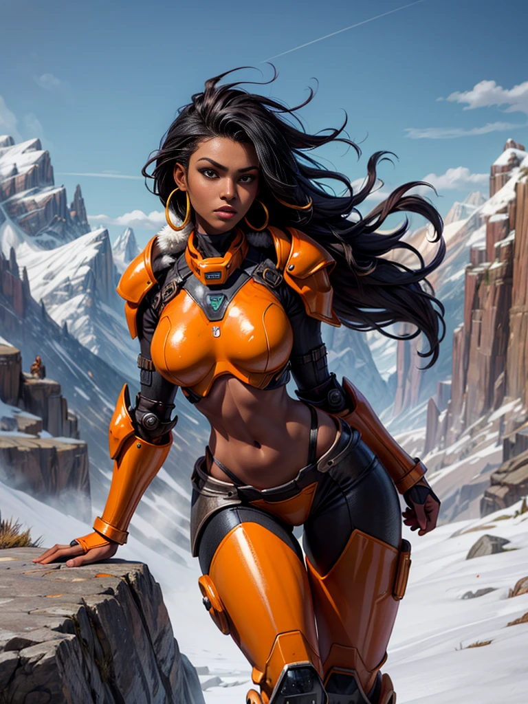 African woman with dark skin, dread locks, (black hair), pretty face, hoop earrings. (orange high tech power armor:1.2), (orange heavy armor), (orange power armor), (fur trim), visible wires, seam lines, orange shoulder pads, large shoulder pads, round shoulder pads, rivets, chipped paint. loin cloth, fur trim, fur cuffs, (bare hips, bare thighs). Background: wind swept mountain, blowing snow, rocky cliff, valley below